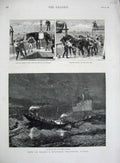 Original Old Antique Print 1881 Military Transport Ship Madeira Funchai Horses