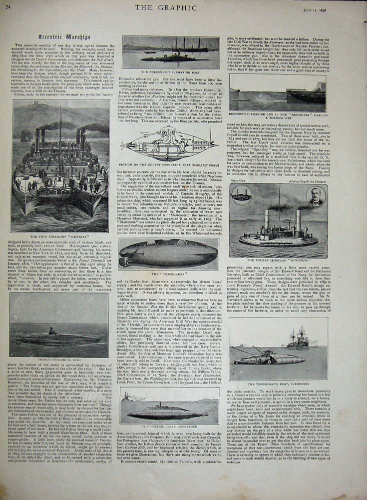 Old Antique Print 1896 Passenger Ship Transport Submarine War Novgorod 19th