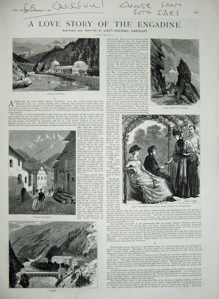 Old Antique Print 1888 Moritz Osteria Vecchia Shuls Tarasp Lady Delamere 19th