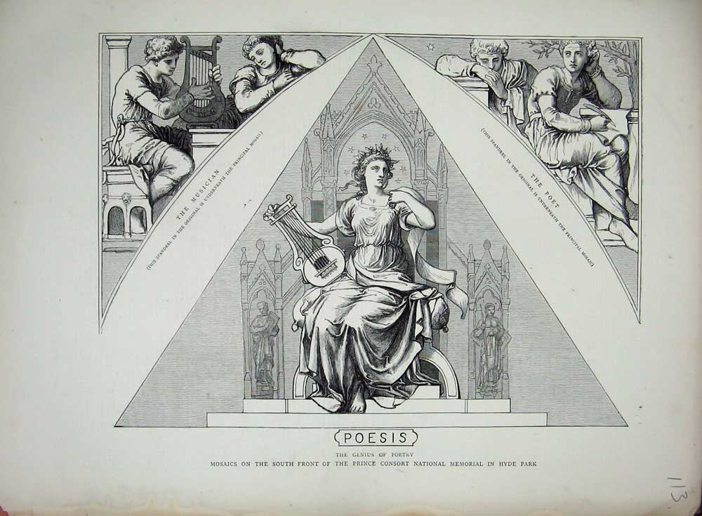 Original Old Antique Print 1872 Mosaics Consort Hyde Park Musician Poet Poesis