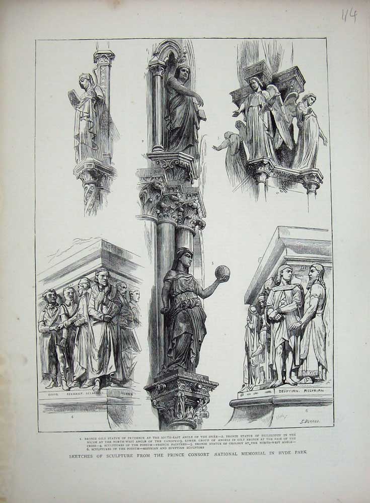 Original Old Antique Print 1872 Sculpture Prince Consort National Memorial Hyde
