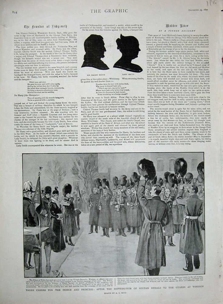 Original Old Antique Print 1899 Harry Smith Soudan Medals Guards Windsor Castle