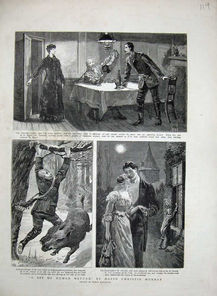 Original Old Antique Print 1884 Christmas Bear Hunting Romance Man Woman Music