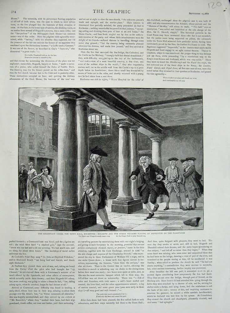 Original Old Antique Print 1837 Colonnade Town Hall Rochester Hogarth Pilgrims