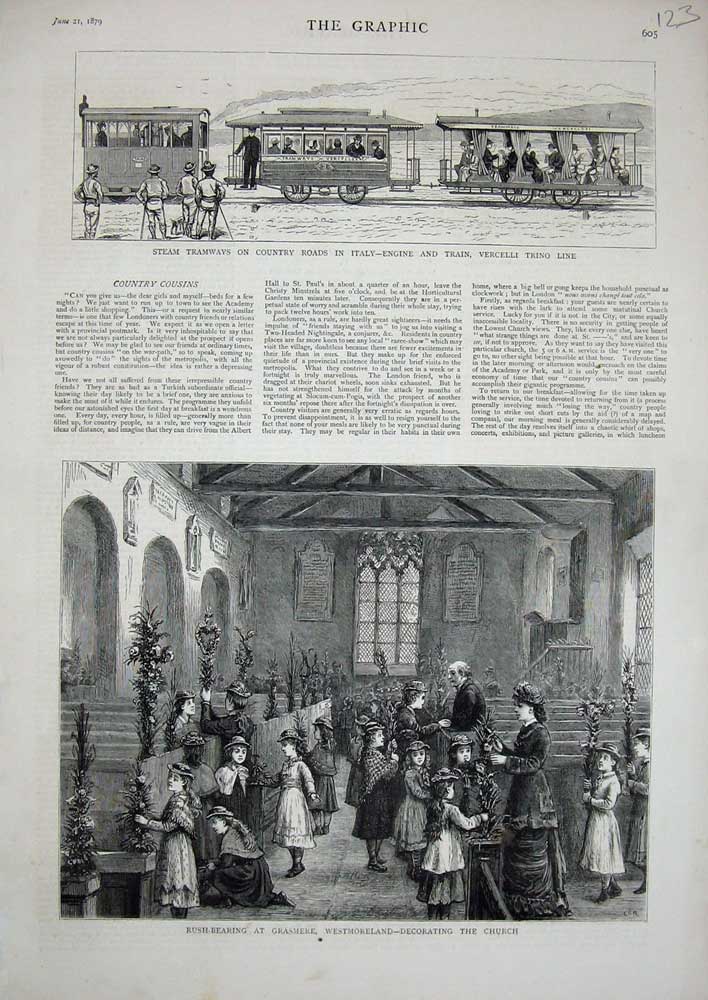 Original Old Antique Print 1879 Steam Tramways Italy Train Westmoreland Church
