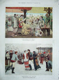 Original Old Antique Print 1881 Colour Christmas India Canada Ice Skating 19th