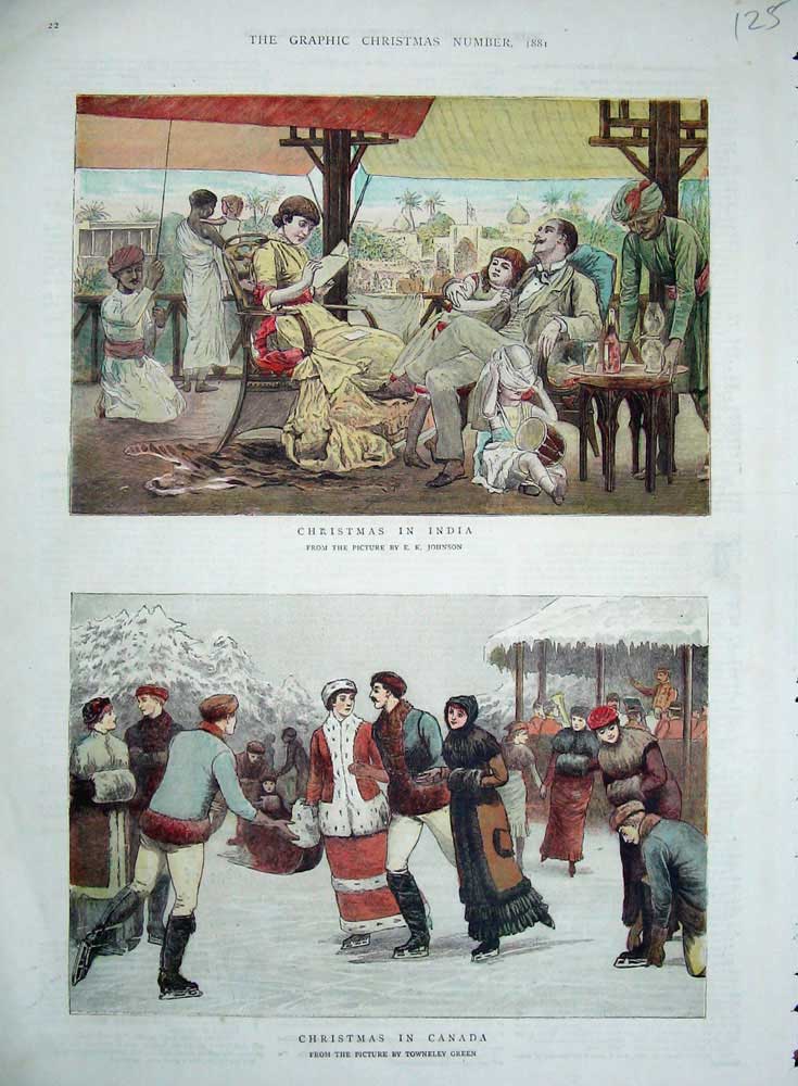 Original Old Antique Print 1881 Colour Christmas India Canada Ice Skating 19th