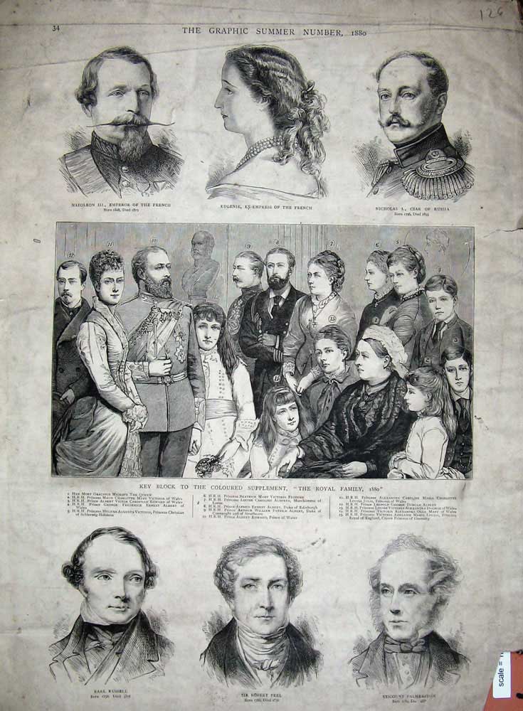 Old Antique Print 1880 Royal Family Peel Russell Palmerston Napoleon War 19th