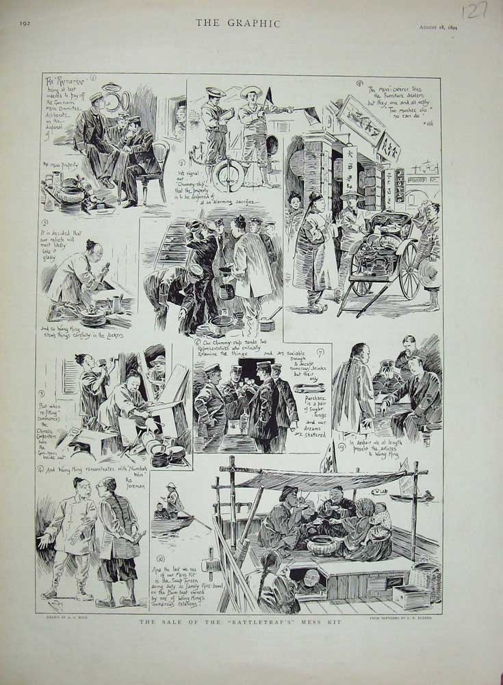 Original Old Antique Print 1894 Rattletrap'S Mess Kit Japanese People Transport