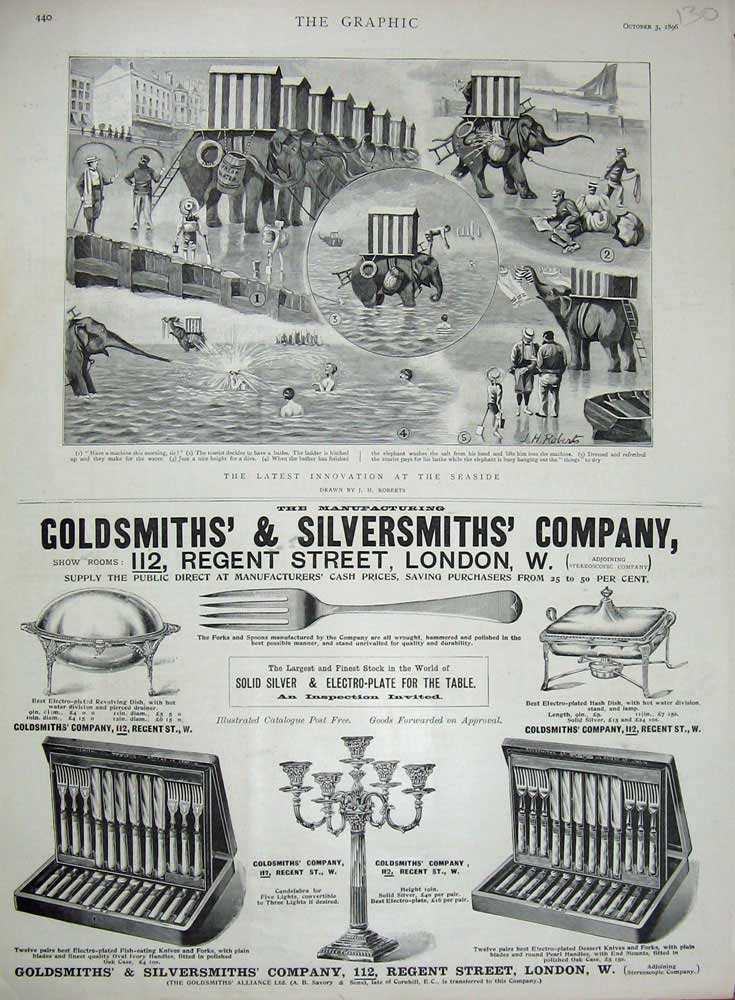 Original Old Antique Print 1896 Seaside Elephants Advertisement Gsmith Silver