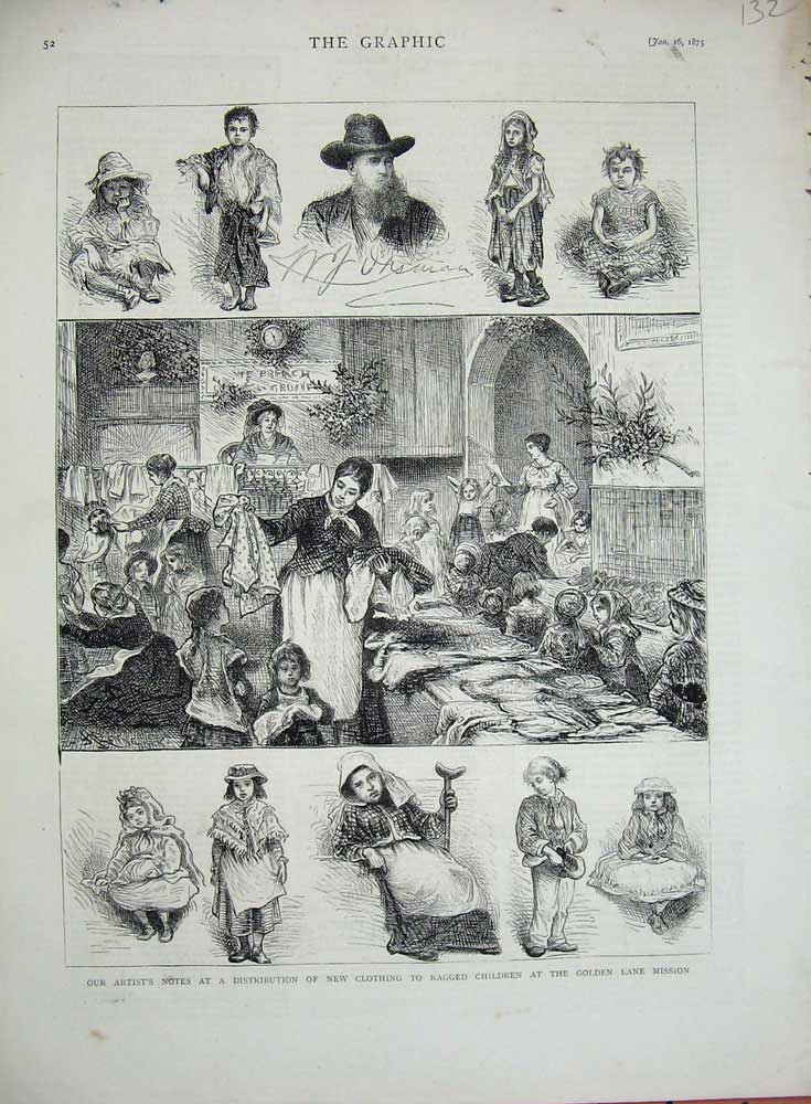 Original Old Antique Print 1875 Clothing Ragged Children Gen Lane Mission Women
