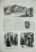 Old Antique Print 1877 Barley Mow Chapel Church Farmyard Horse Chickens 19th