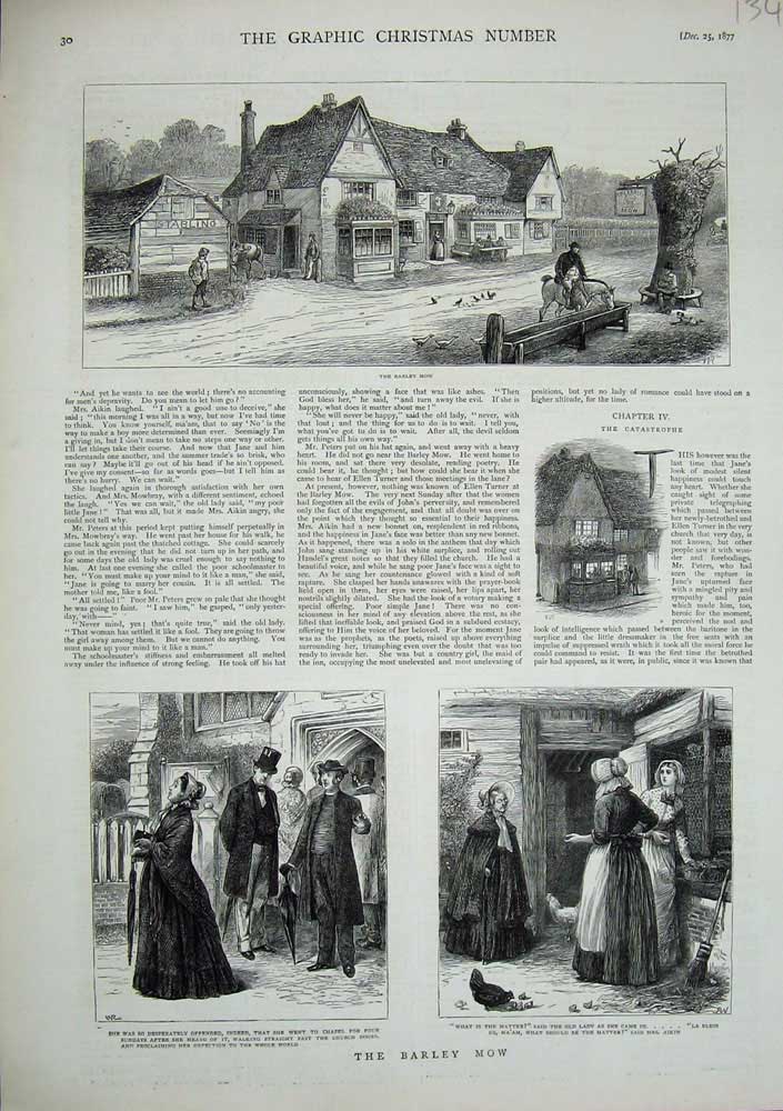 Old Antique Print 1877 Barley Mow Chapel Church Farmyard Horse Chickens 19th