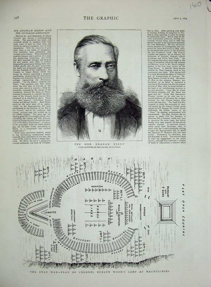 Old Antique Print 1879 Graham Berry Zulu War Plan Camp Machulisimi Wood'S 19th