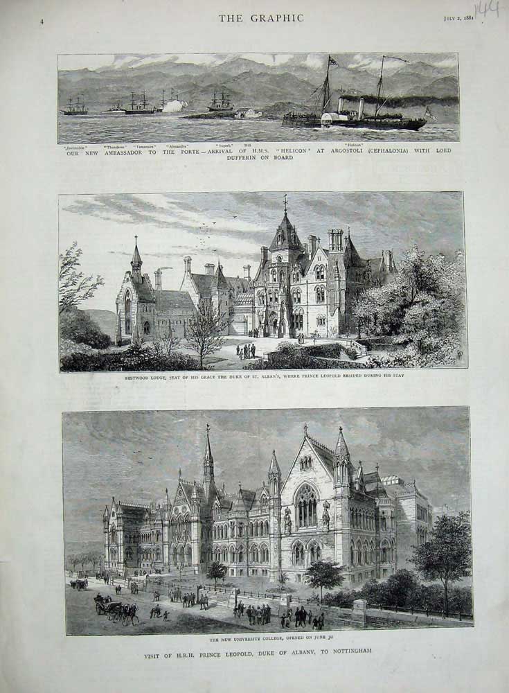 Old Antique Print 1881 University College Bestwood Lodge Duke Alban Ship 19th