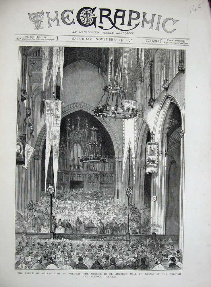 Old Antique Print 1876 Prince Wales Norwich St Andrews Hall Norfolk Art 19th