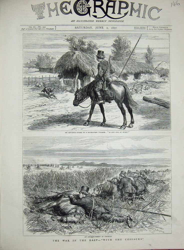 Original Old Antique Print 1877 Roumanian Village Man Horse War Cossacks Siers