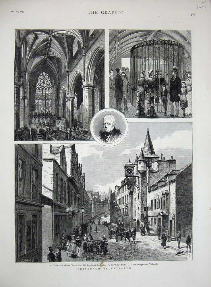 Old Antique Print 1879 Edinburgh Giles'S Church Castle Canongate Tolbooth 19th