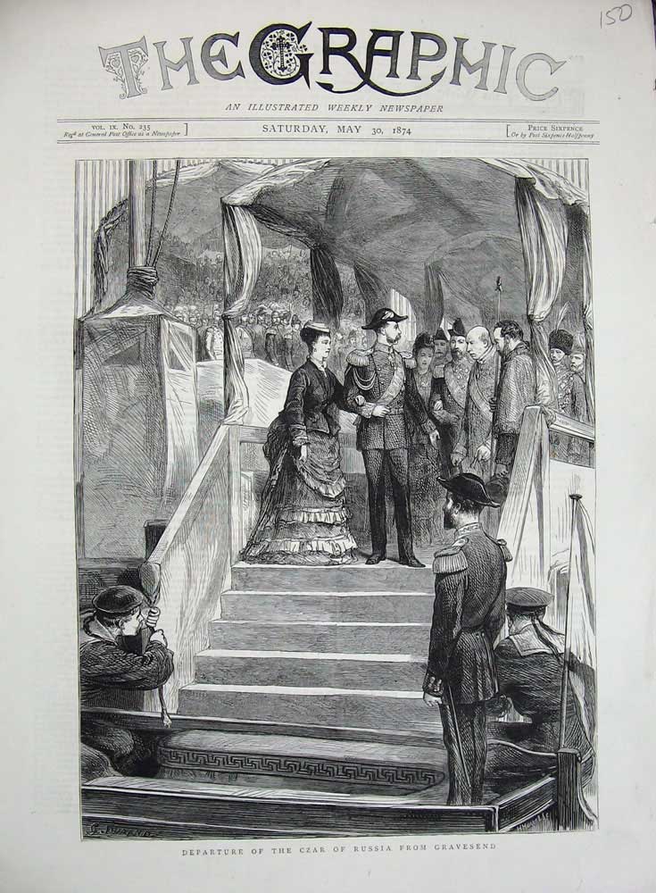 Old Antique Print 1874 Departure Czar Russia Gravesend War Ship Fine Art 19th