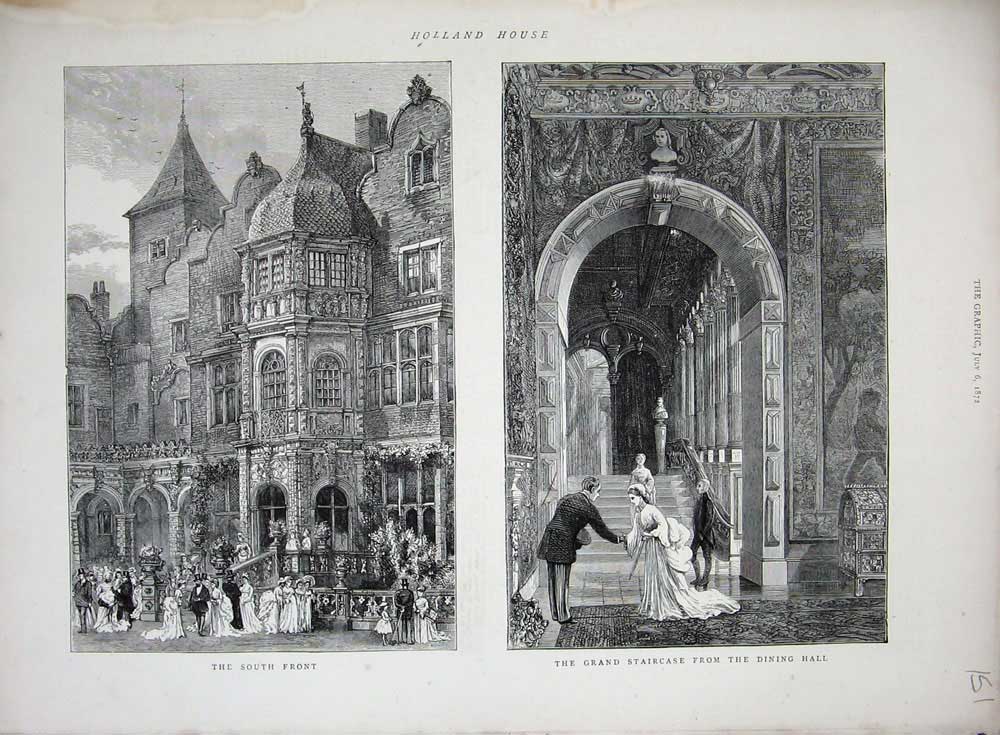 Old Antique Print 1872 Holland House Grand Staircase Dining Hall Building 19th