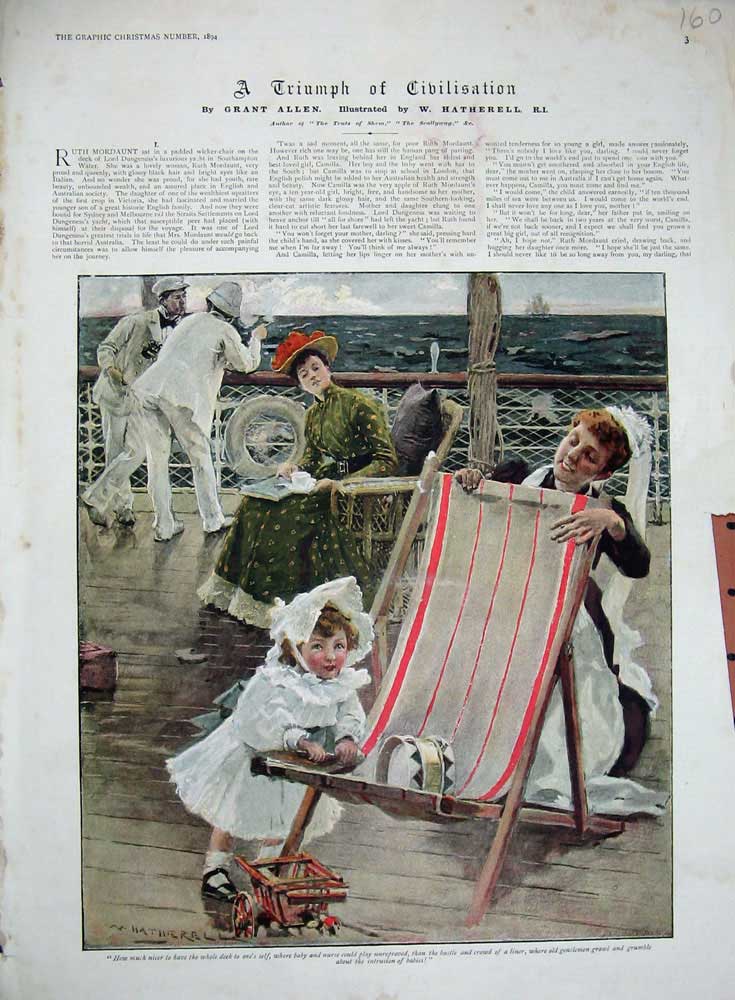 Original Old Antique Print 1894 Little Children Passenger Liner Ship Colour