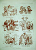 Original Old Antique Print 1884 Christmas Children Pudding Toys Donkey Man Lady
