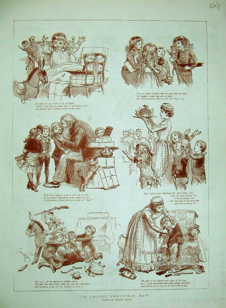 Original Old Antique Print 1884 Christmas Children Pudding Toys Donkey Man Lady