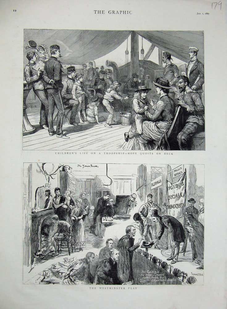 Original Old Antique Print 1887 Westminster Play Children Troopship Rope Quoits