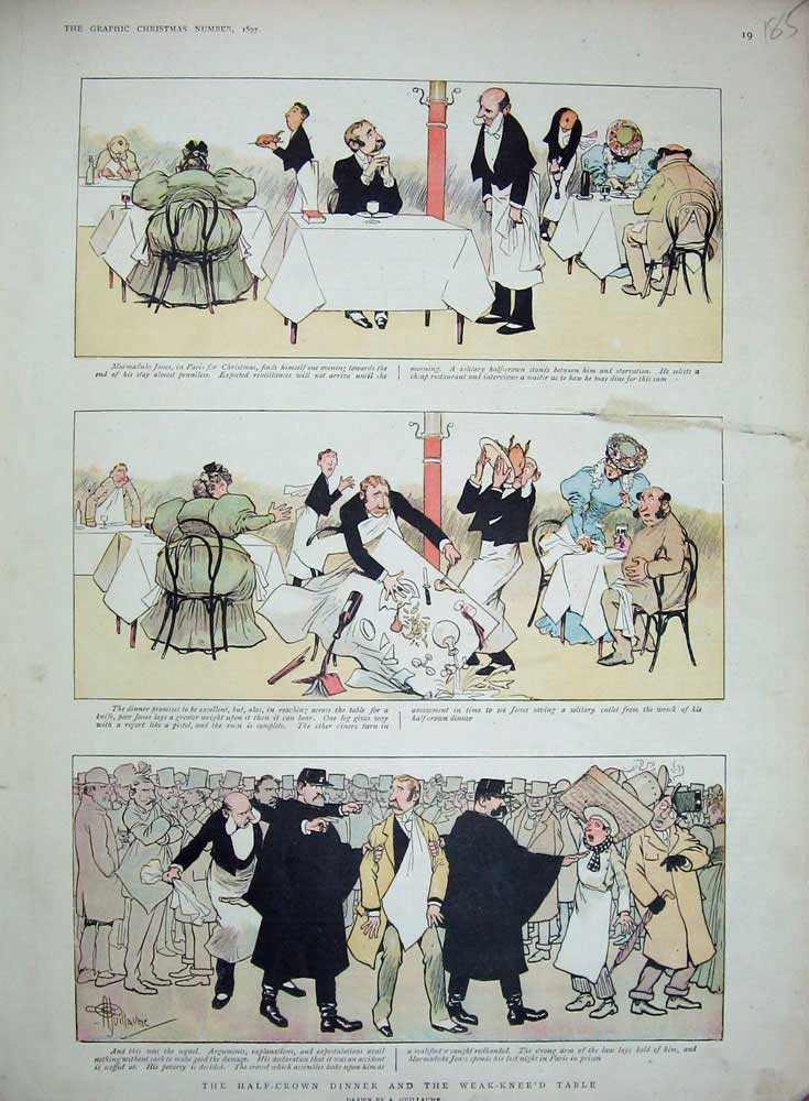 Original Old Antique Print 1897 Colour Half Crown Dinner Table Collapse Men