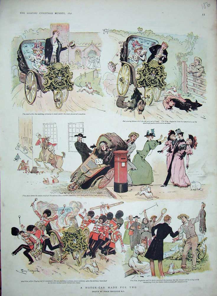 Original Old Antique Print 1897 Colour Wedding Carriage Siers Guards Victorian
