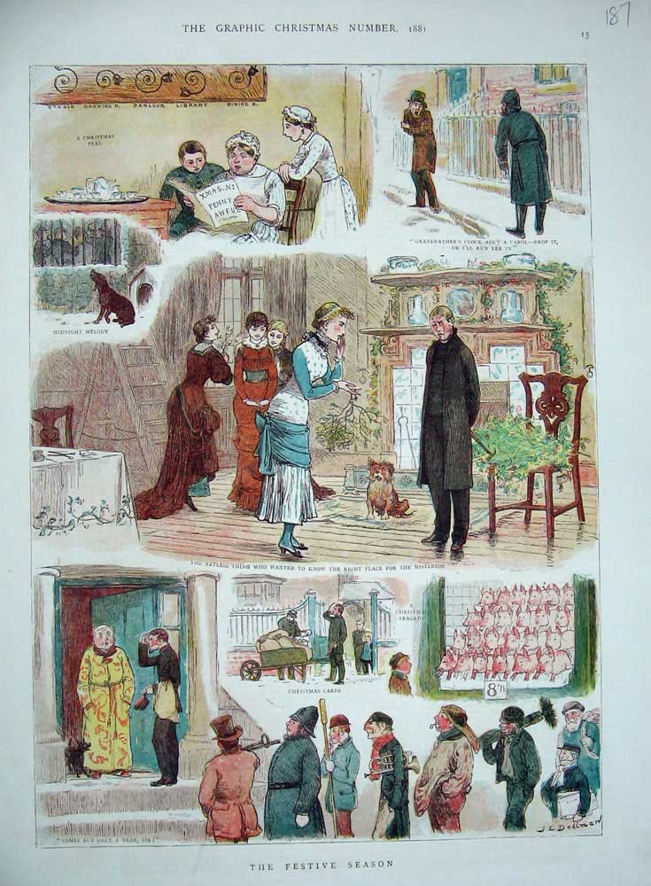 Original Old Antique Print 1881 Colour Christmas Cards Shopping Policeman 19th