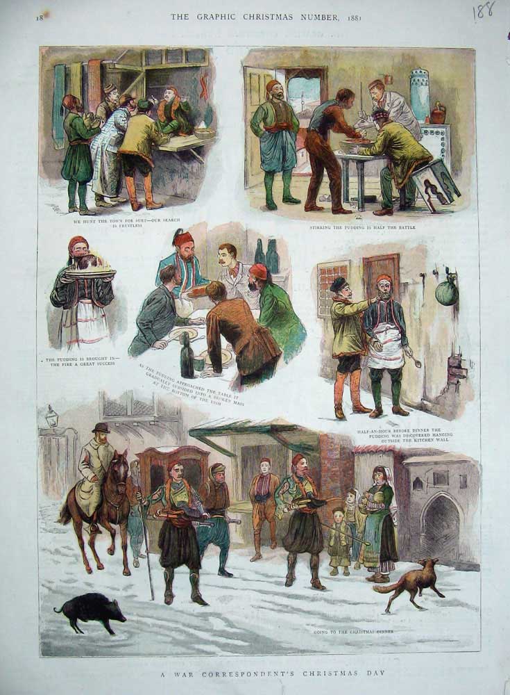 Original Old Antique Print 1881 War Correspondent'S Christmas Day Colour 19th