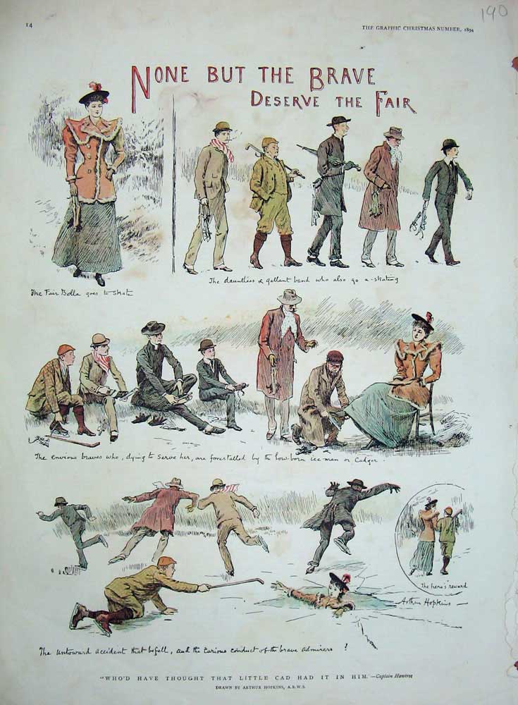 Original Old Antique Print 1894 Colour Ice Skating Men Women Arthur Hopkins