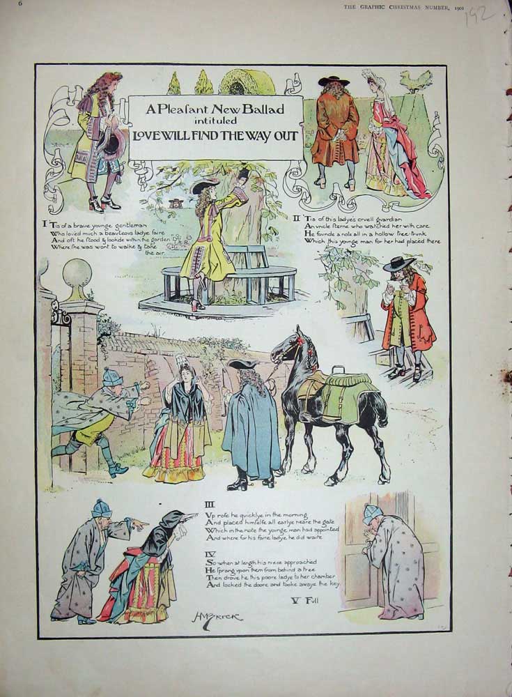 Original Old Antique Print 1901 Colour Ballad Love Will Find The Way Out 20th