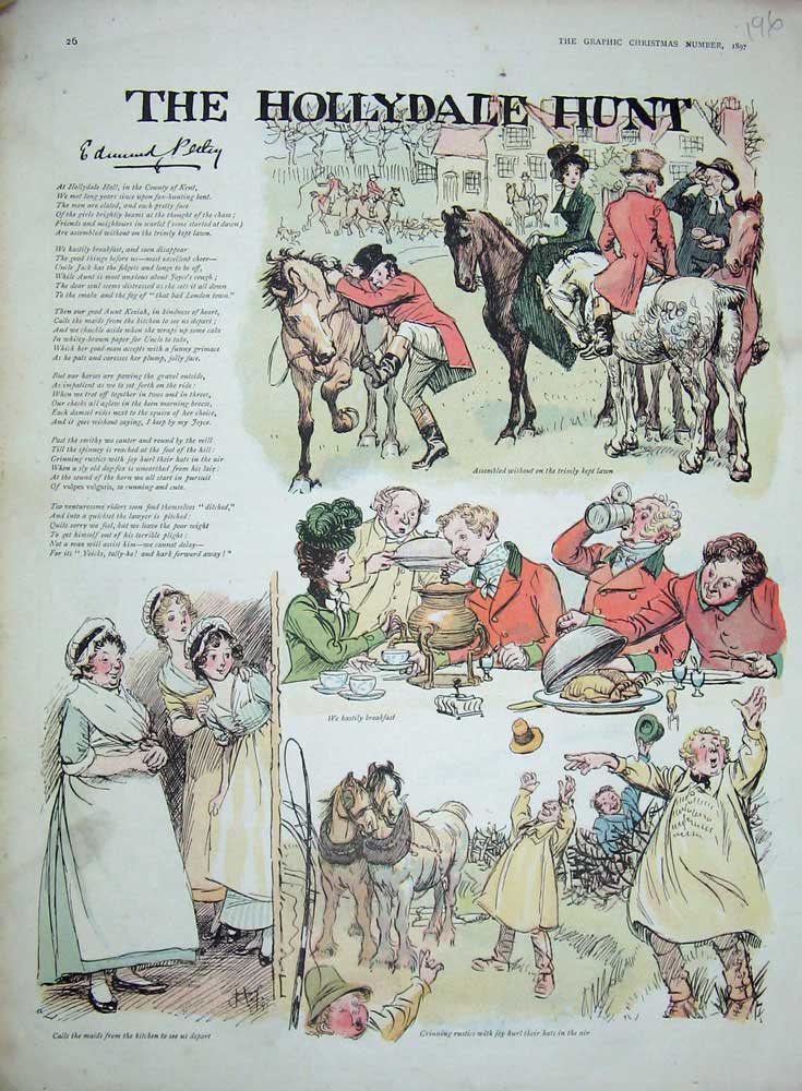 Old Antique Print 1897 Hollydale Hunting Men Horses Sport Kitchen Maids 19th