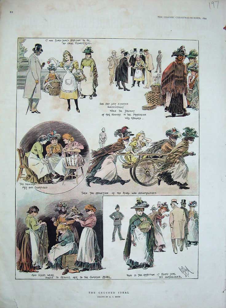 Original Old Antique Print 1894 Flower Girl Cart Women Selling Colour Victorian