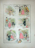 Original Old Antique Print 1901 Colour Men Woman Love Rivals River Rocks 20th