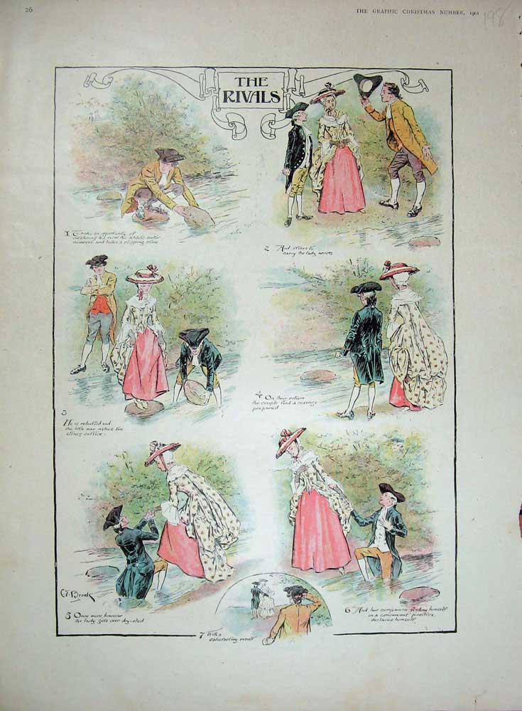 Original Old Antique Print 1901 Colour Men Woman Love Rivals River Rocks 20th