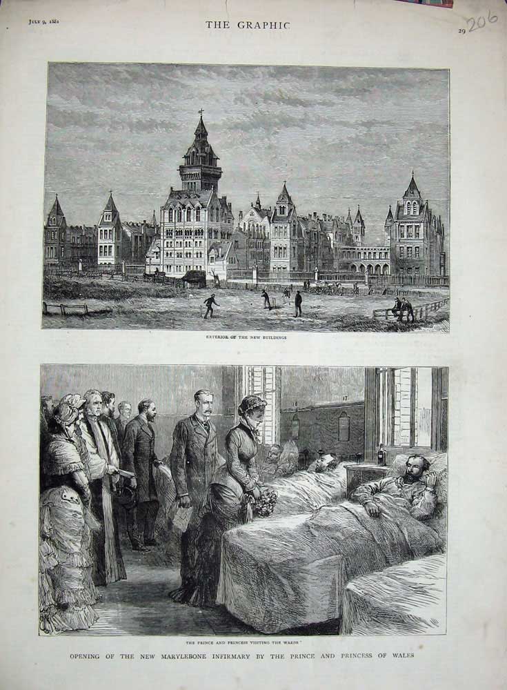Old Antique Print 1881 Marylebone Infirmary Hospital Prince Wales Wards 19th