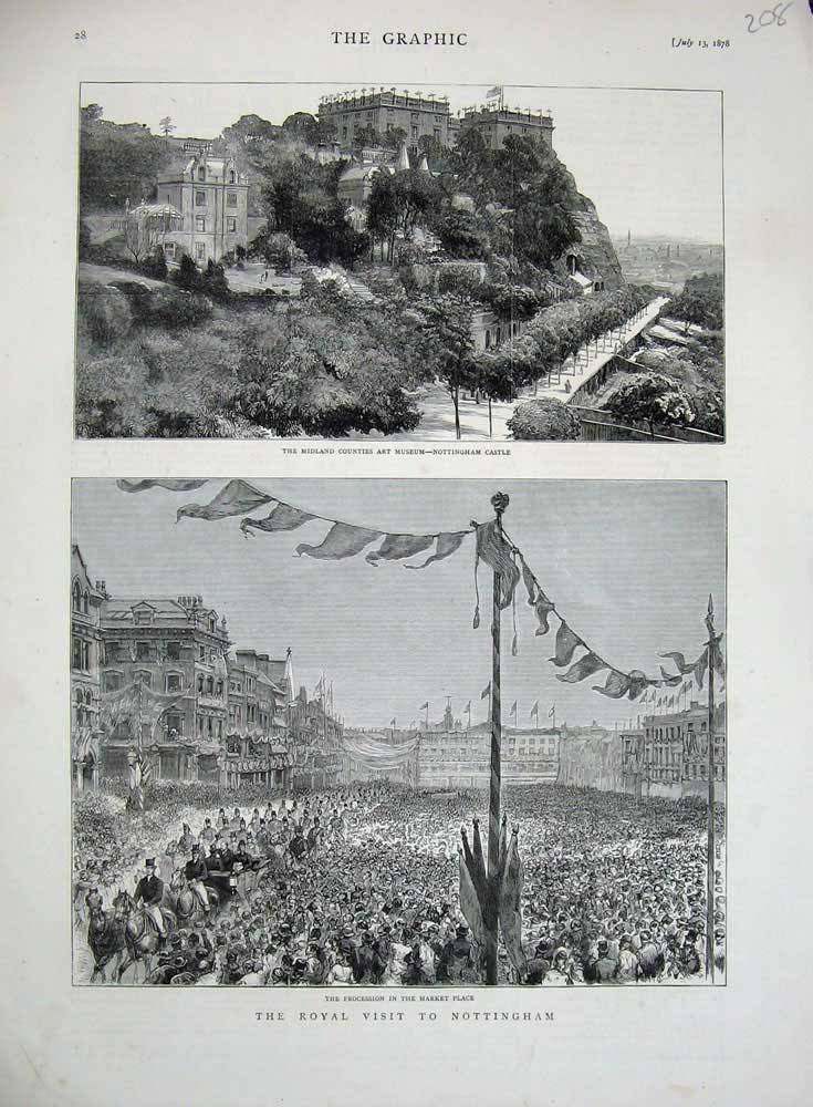 Original Old Antique Print 1878 Queen Nottingham Market Place Castle Art Museum