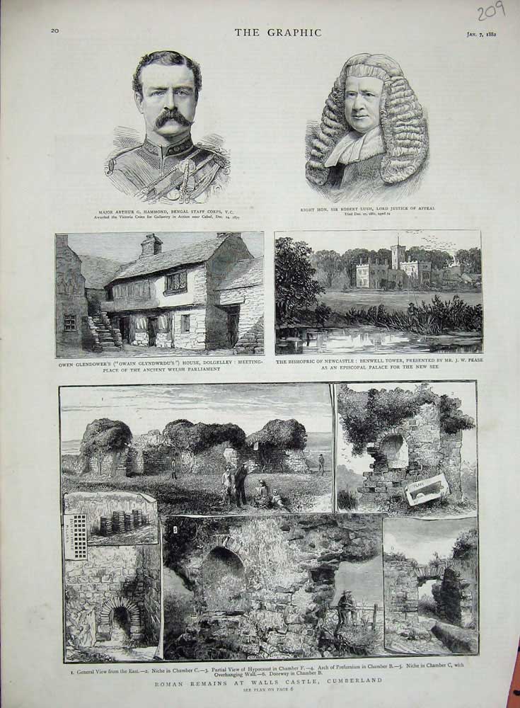Original Old Antique Print 1882 Roman Walls Castle Cumberland Hammond War Tower