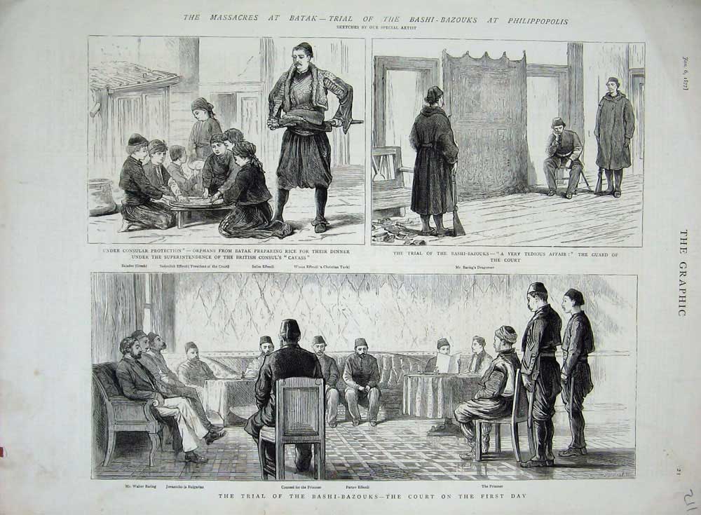 Old Antique Print 1877 Massacres Batak Bashi-Bazouks Philippopolis Court 19th