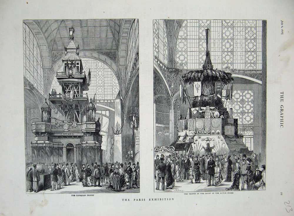 Old Antique Print 1878 Paris Exhibition Candian Trophy Dutch Indies Court 19th