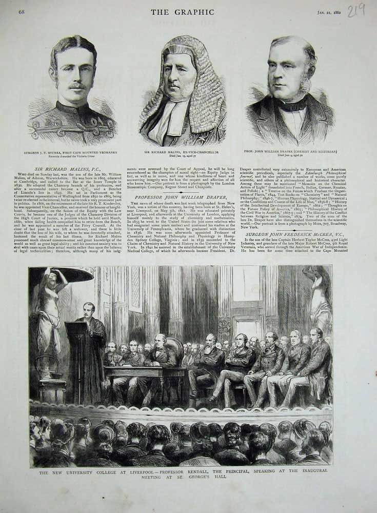 Old Antique Print 1882 University College Liverpool Rendall Malins Draper 19th