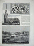 Old Antique Print 1878 Bristol Church St Mary Redcliff Suspension Bridge 19th