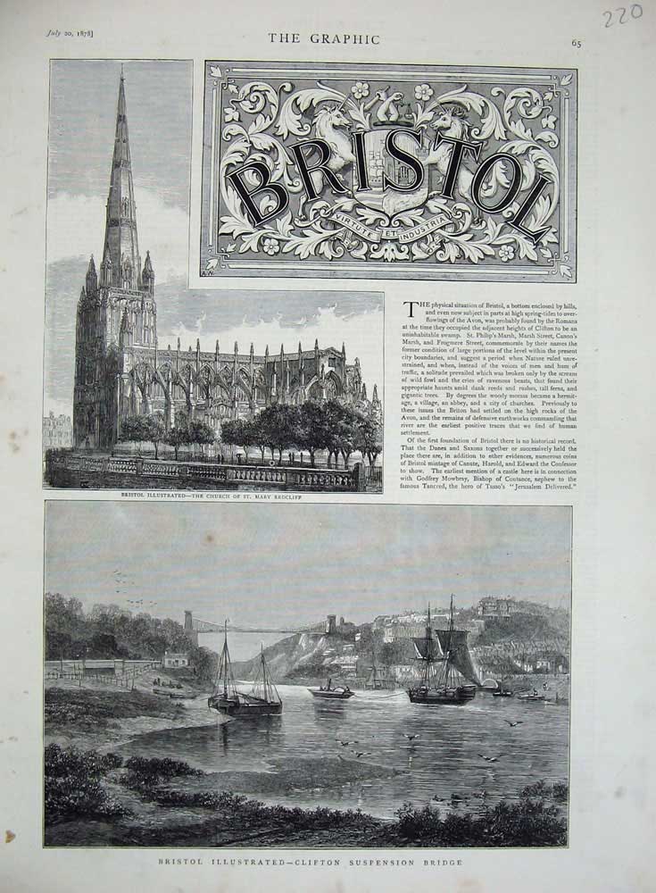 Old Antique Print 1878 Bristol Church St Mary Redcliff Suspension Bridge 19th