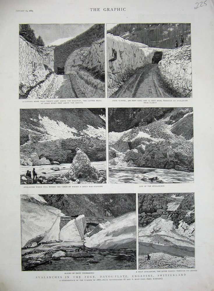 Original Old Antique Print 1889 Avalanches Zuge Davos Platz Switzerland Snow