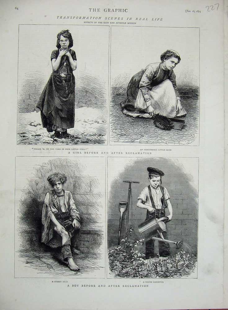 Original Old Antique Print 1875 Little Girl Boy Reclamation Arab Maid Gardener