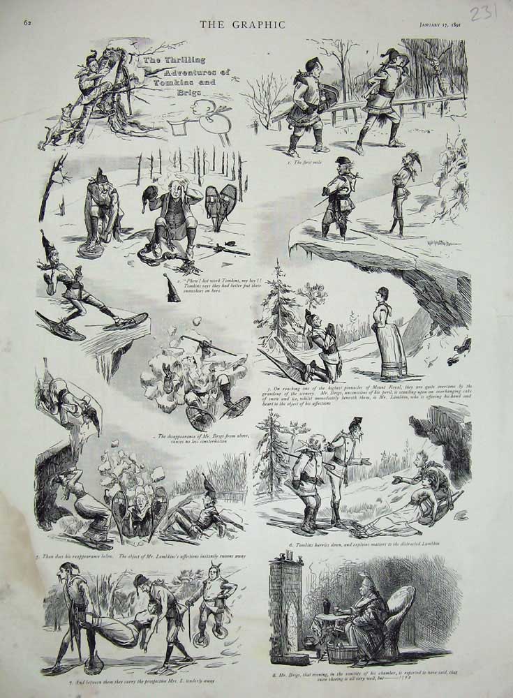 Old Antique Print 1891 Story Adventures Tomkins Brigs Snow Illustrations 19th
