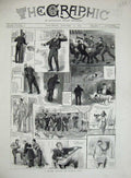 Original Old Antique Print 1884 War Ship Sailors Navy Washing Deck Music Guitar